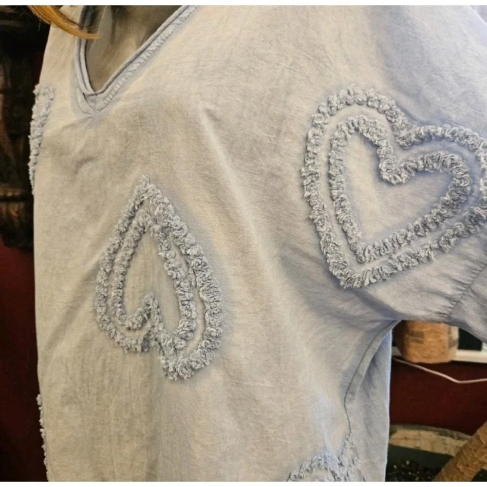 Made in Italy 100% Cotton Heart‎ Appliqué Lagenlook Oversized Boho Top Size O/S